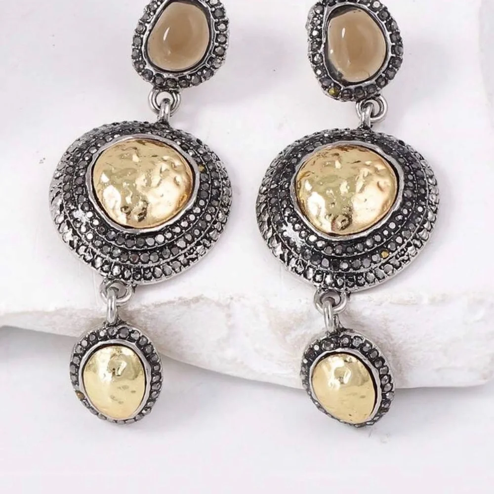 2/$30🌵 Antiqued Silver & Gold Neutral Stone Earrings Hammered Bohemian Gift NEW